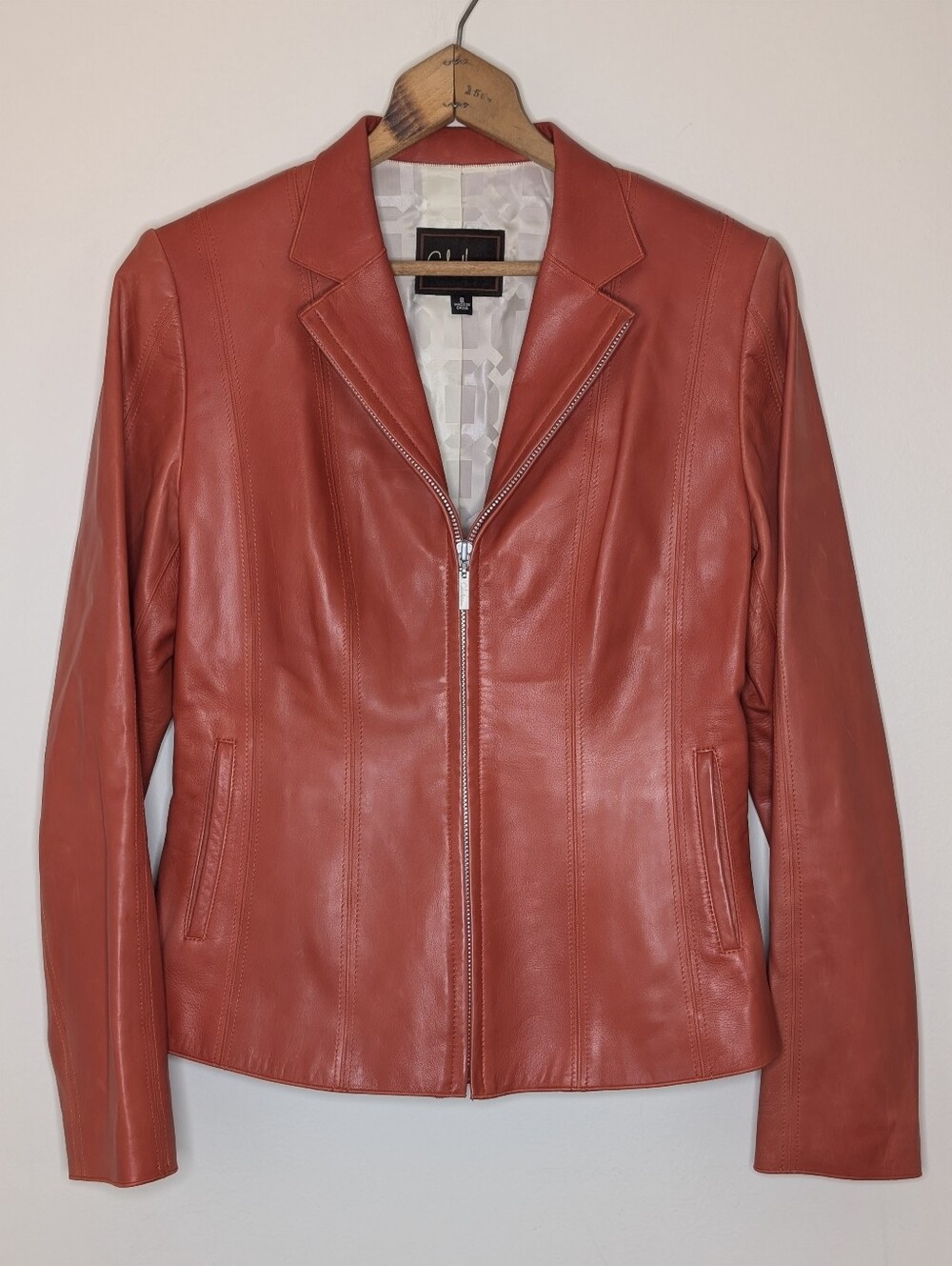 Cole Haan Lambskin Leather Jacket Red Clay Full Zip Notch Collar Women's Size 8